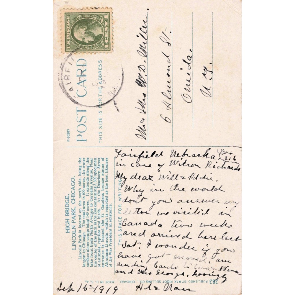 Vintage High Bridge Lincoln Park Chicago Postcard 1919 Postmark Max Rigot 283 - Picture 2 of 2